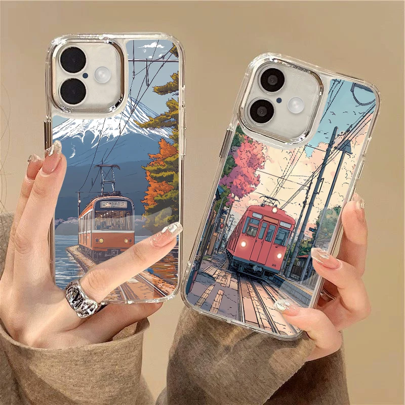 Custodia Fujiyama Anime Town Print per iPhone 15 Pro Max Coque iPhone 11 12 13 14 16 Pro Max placcatura cornice per lenti Cover in Silicone trasparente