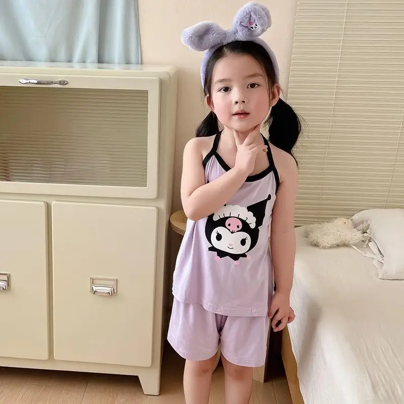 

Sanrios 2Pcs Pajamas Kuromi Modal Hello Kittys Cartoon Suspender Cinnamoroll Children New Style Summer Vest Casual Home Clothing