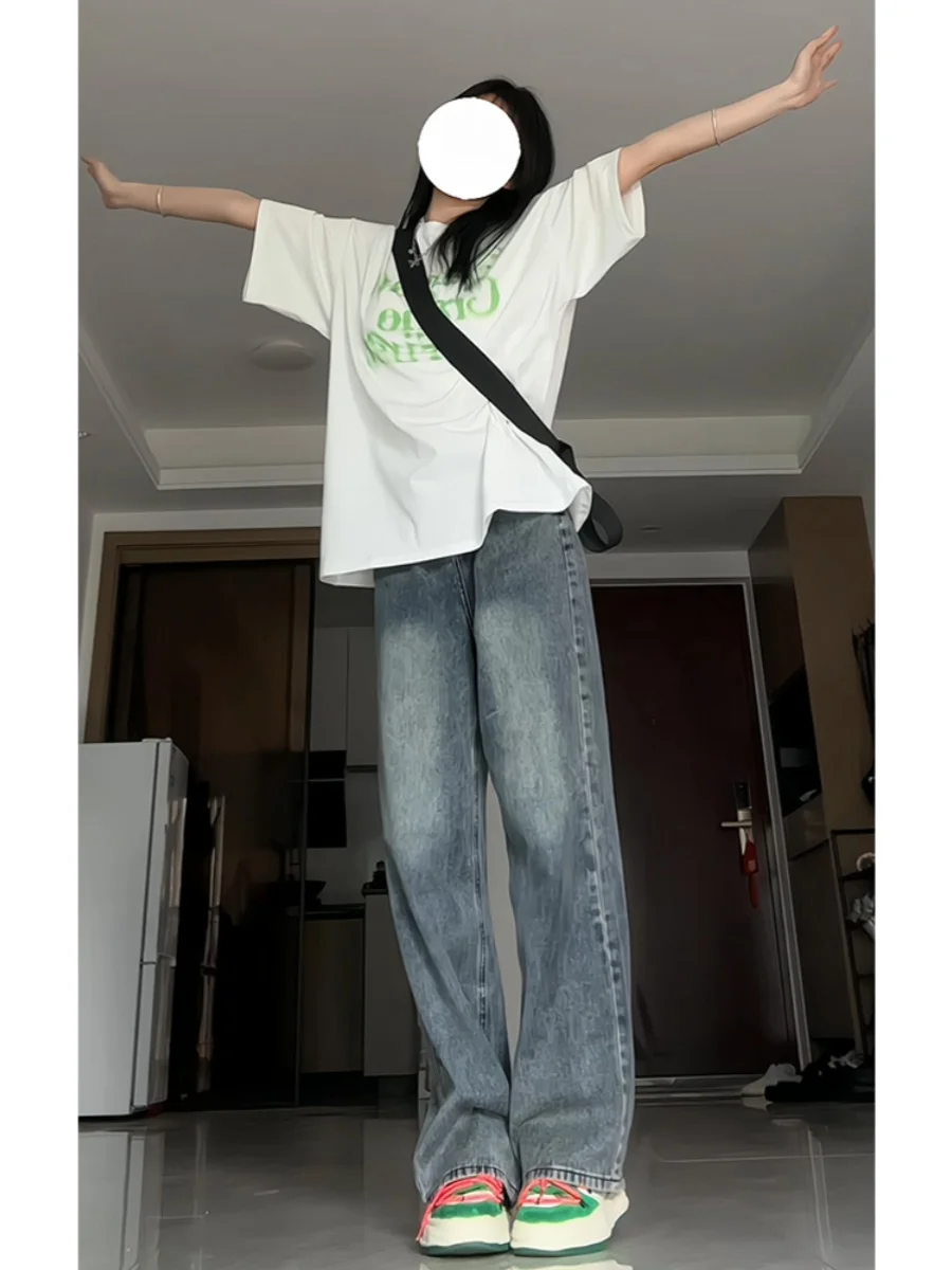 Retro American High Street Women's Jeans Autumn New Small Design Sense Straight Leg Wide Leg Pants High Waist Long Pants