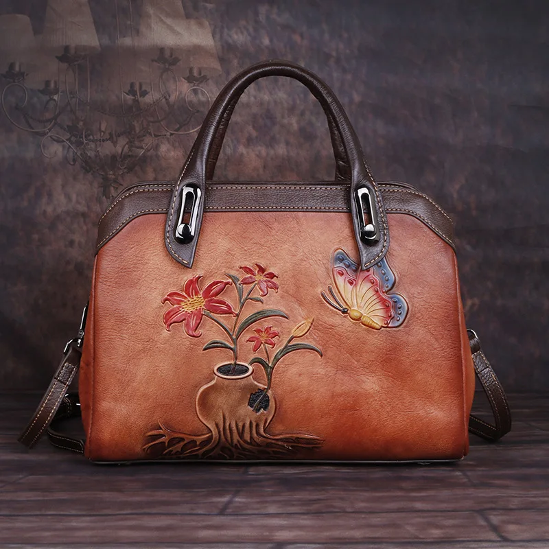 2024 new first layer cowhide shoulder bag Chinese style retro flower handbag wipe color crossbody bag for women E601