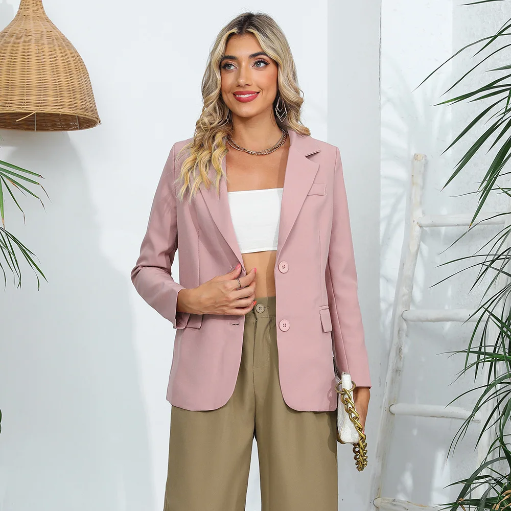 

Spring Autumn Women's Long Sve Suit Jaet Pure Color ket Cross-Border OL Sle Polyester Fiber Ladies ort Coat