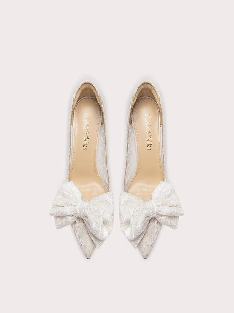 كعب ستيليتو ربيع جديد أشار تو الضحلة الدانتيل شبكة القوس أحذية الزفاف مأدبة كبيرة الحجم الصنادل النسائية الصغيرة الحجم #3