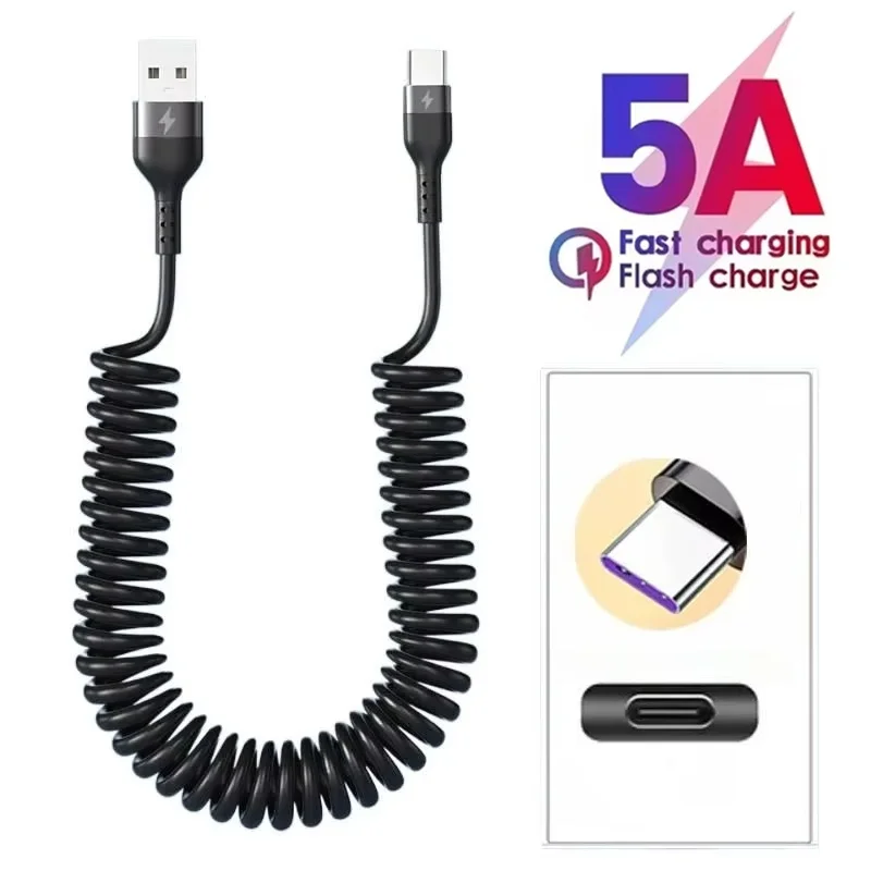 66W 5A Spring Telescopic USB-A To Type C Cable Fast Charging Phone Charger USB Data Cable For iPhone/Huawei/Xiaomi/Redmi Android