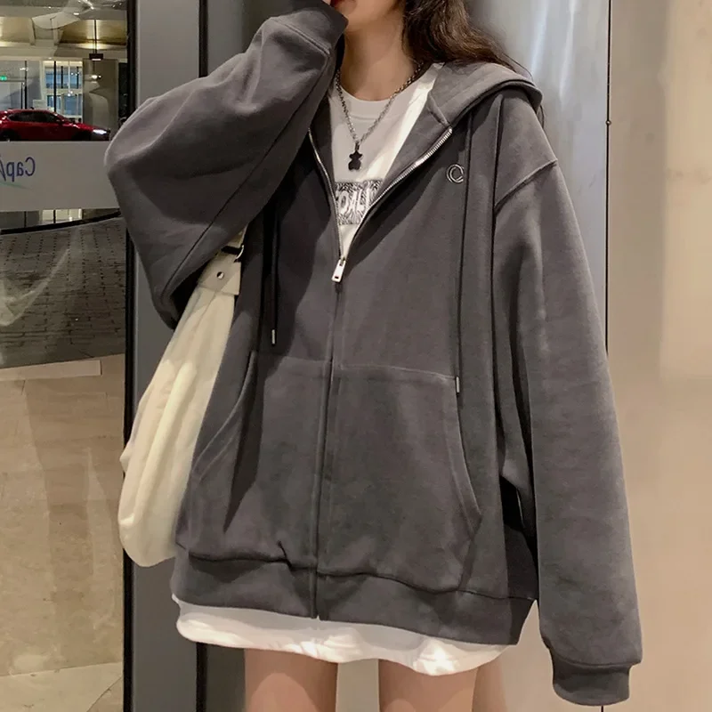 Y2k Women Casual Zip Up Oversized Hoodie Sweatshirt Female Streetwear Hooded Zipper Harajuku Sweat Shirt Top Clothes Korean