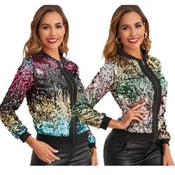 Women's Casual Colorful Sequin Jacket Female 2023 Streewear Fashion Long-sleeved Reflective Zipper Coat Sexy Women Outwear Tops