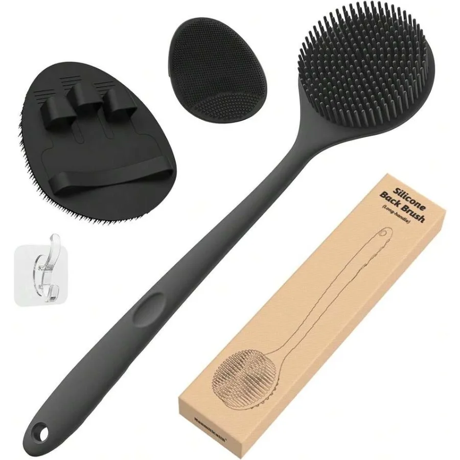 

【New style】Silicone Back Scrubber Thin Bristles and Bath Glove and Face Brush Set(3PCS), Super-Exfoliating and Lathering Bodcru