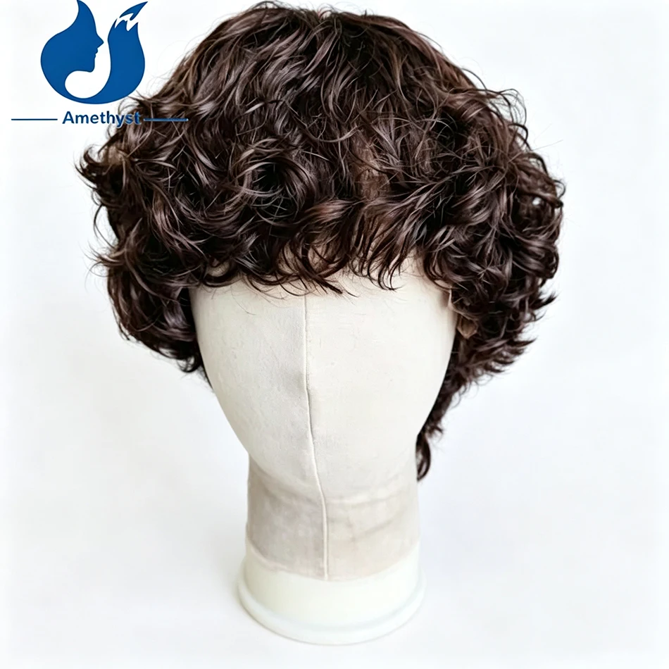 Amethyst Short Curly Dark Brown Full Lace Wig for Men Transparent Lace Pre-Styled Remy Brazilian Human Hair with Bangs