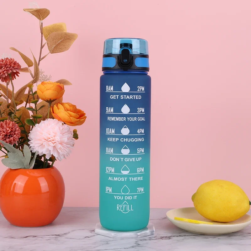 1000ml Frosted Sports Water Bottle Gradient Progressive Color Drinking Water Cup with Handle for Gym Outdoor Sports Camping