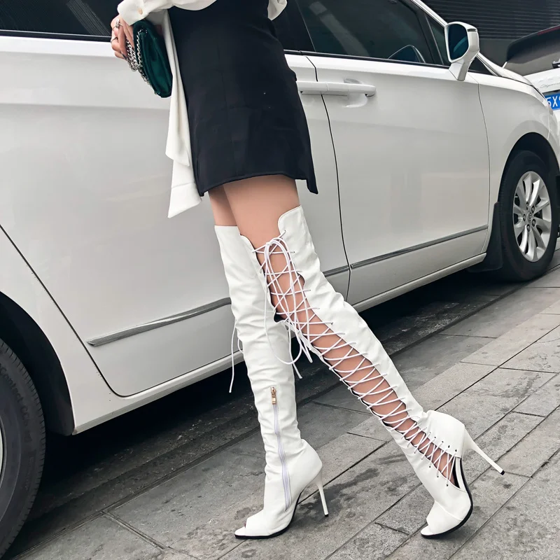 Sexy Women Thigh High Boots Peep Toe Thin High Heels Over Thr Knee Bootas Pu Leather Lace Up Long Booties Summer Ladies Shoes