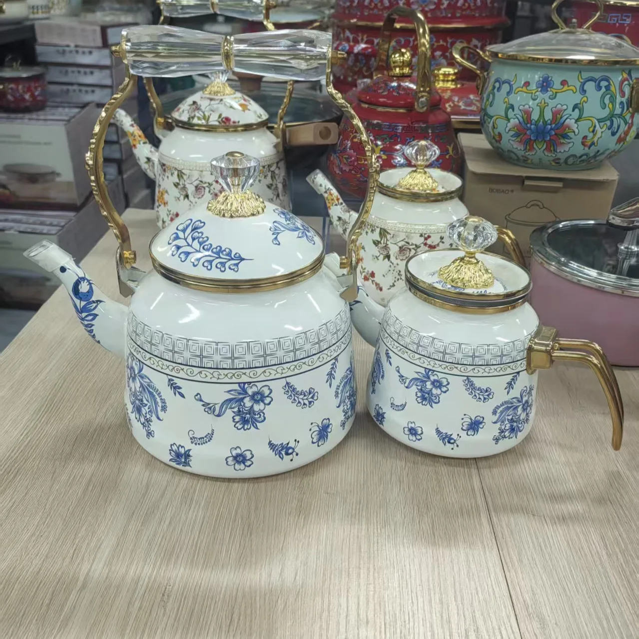 

Enamel Tea Kettle Set, Ethnic Style Milk Tea Butter Tea Pot With Crystal Handle, Stovetop Coffee Kettle, Boiling Water Jug