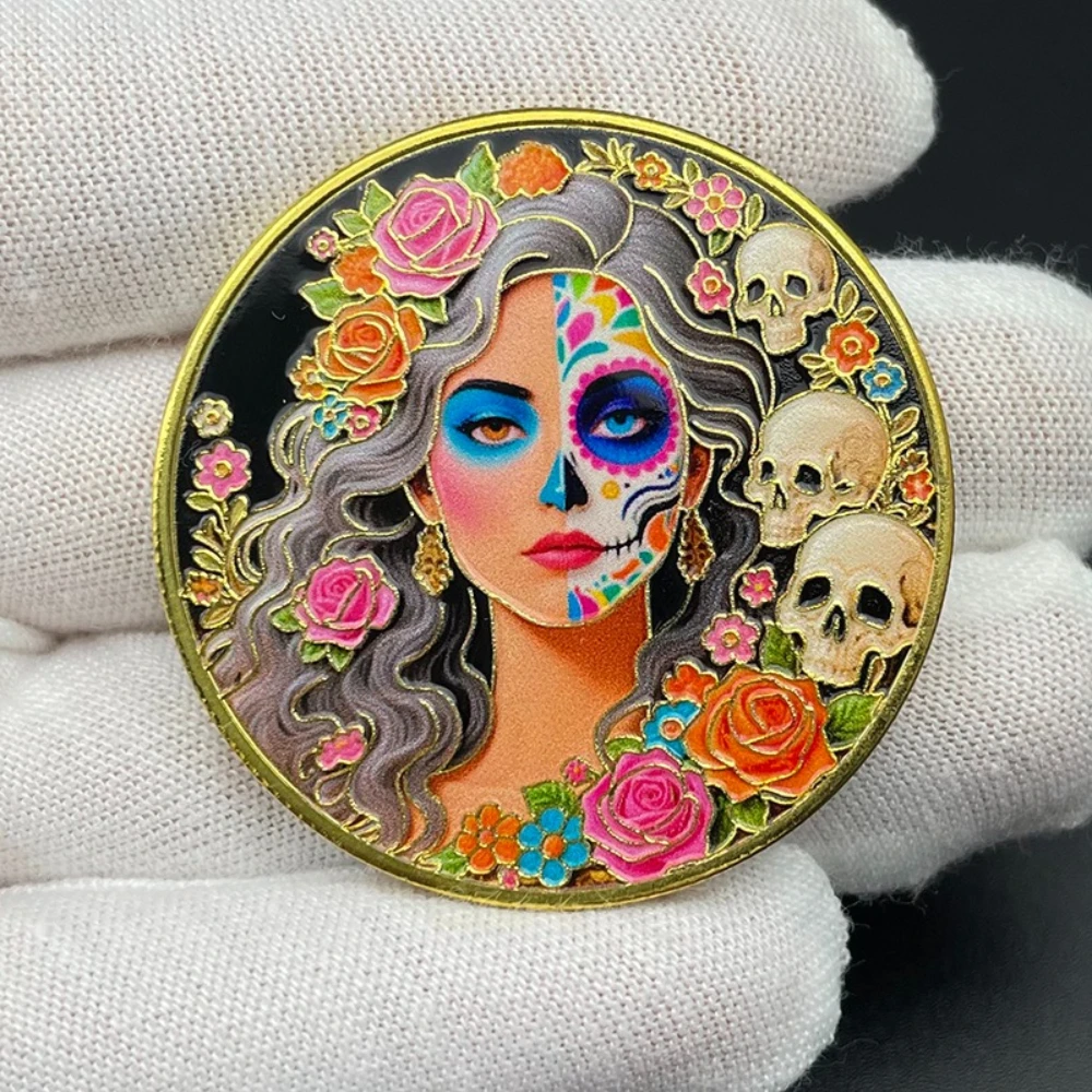 Day of the Dead Sugar Skull Woman Commemorative Coin Floral Rose Skeleton Collectible Medal Mexican Style Souvenir Gift