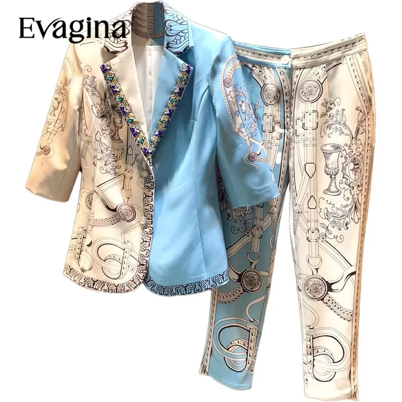 

Evagina Vintage Print Diamond Inlay Slim Suit Spring Autumn Women's Suit Collar Single Button Coat＋Trousers Two Piece Set