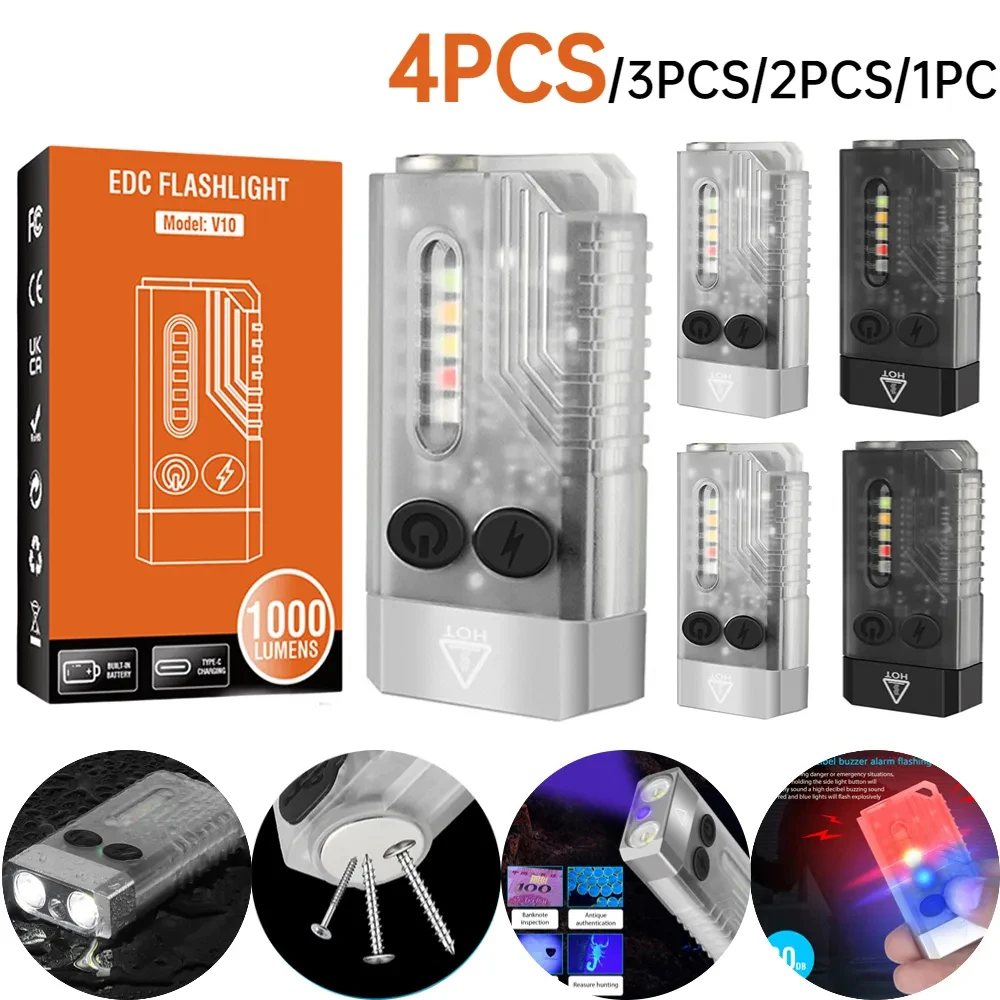Mini V10 EDC Keychain Flashlight For Camping Pocket Torch Lantern Magnet Buzzer Work Light USB Rechargeable Light Emergency