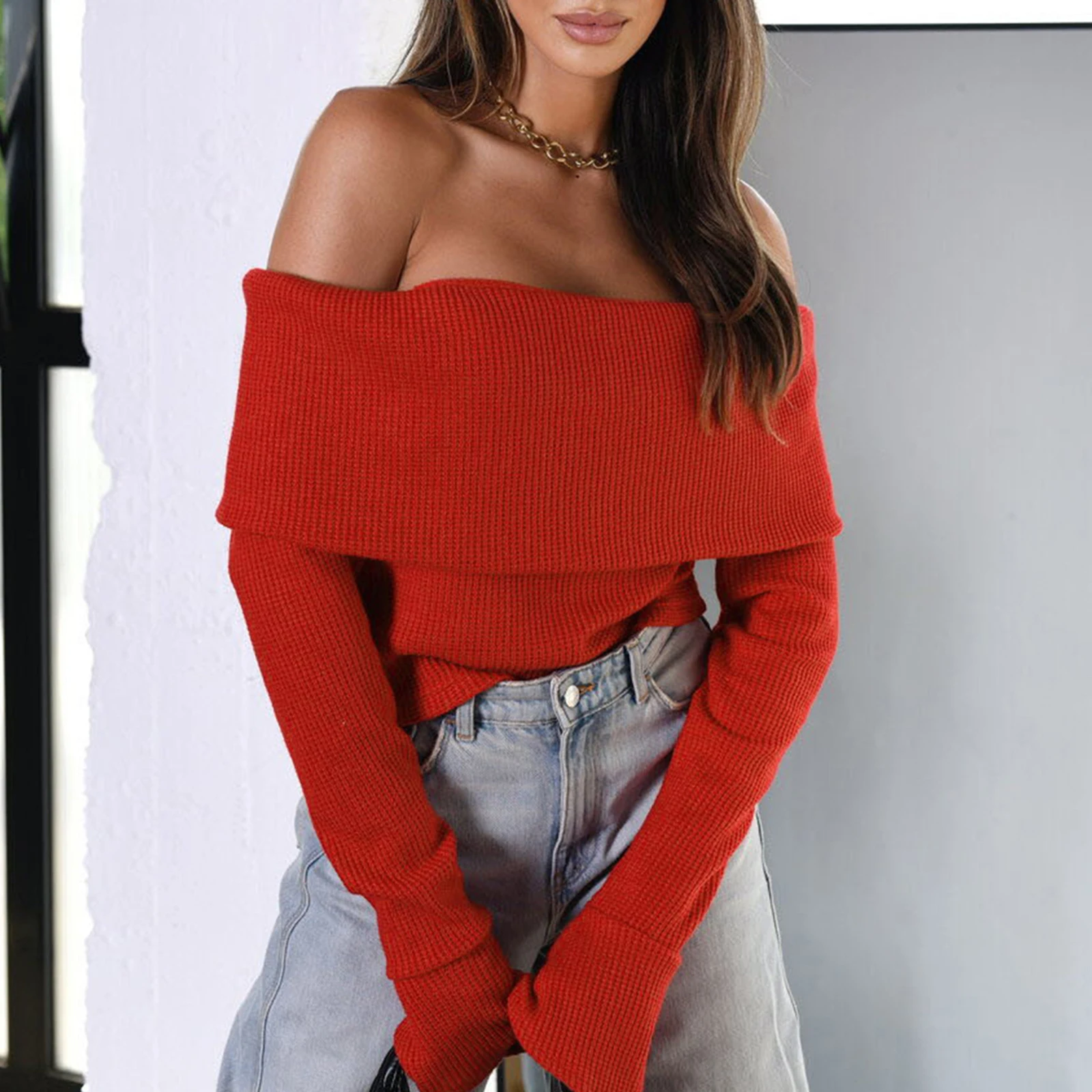 Fashion Women’s Off Shoulder Sweaters Long Sleeve Solid Color Slim Fit Waffle Knit Tops Blouses Streetwear Casual Outfits