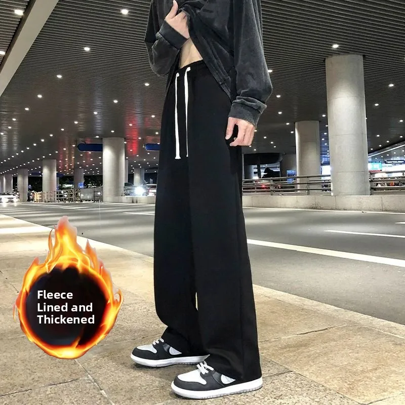 

Men's Sporty Fleece Lined Wide Leg Pants Loose Straight Cut Casual Trousers Comfortable Breathable Polyester Fiber All Seasons