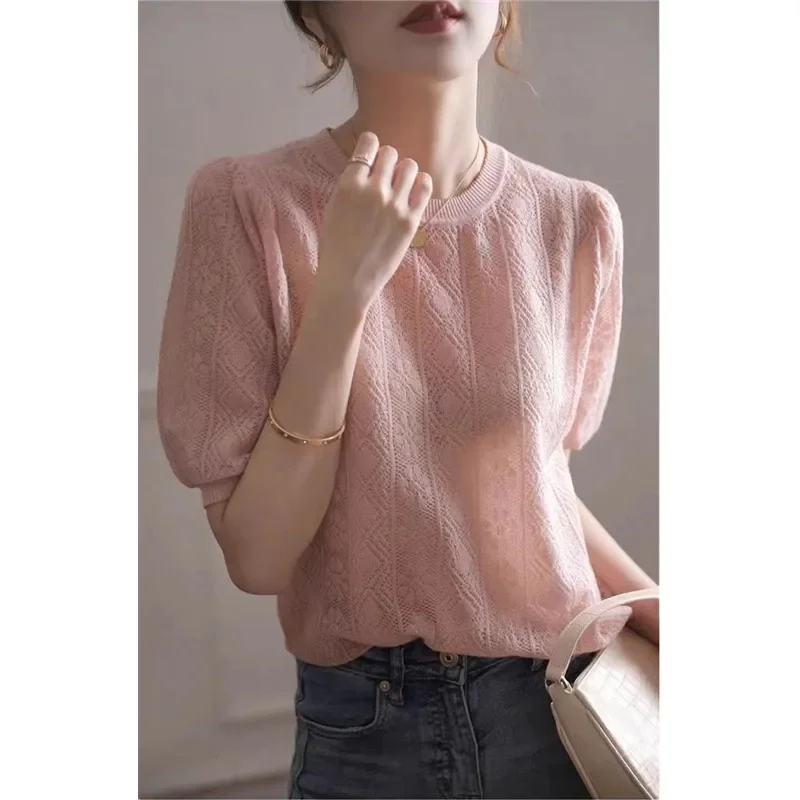 

European Goods Hollowed Out Thin Short Sleeve Knitted Shirt Women's Summer Loose Temperament Crewneck Half Sleeve T-shirt B220