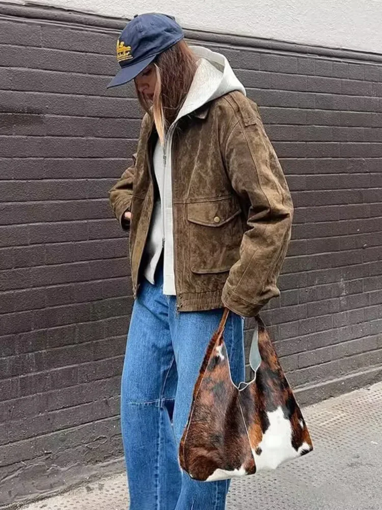 Senhora chique lapela curto bombardeiro jaqueta casual manga cheia com zíper bolso solto colheita jaquetas 2026 primavera feminino diário rua outerwear