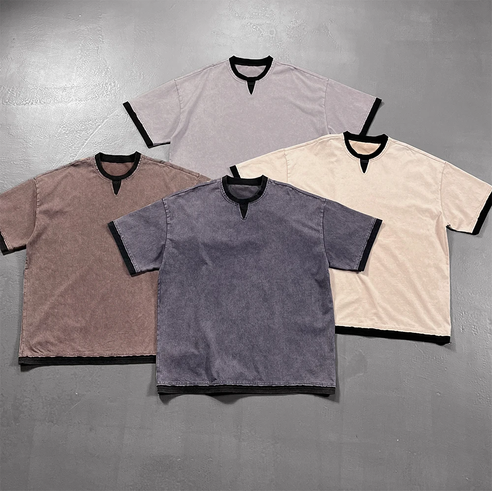 

Vintage Washed V-Neck Oversized T-shirt Patchwork Y2k Casual T Shirt 2025 Men Clothing High Quality Short Sleeve Cotton Tops Tee