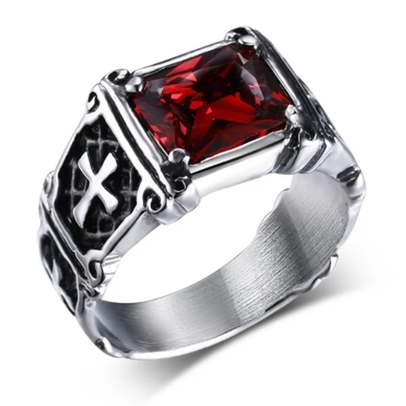 Fashion Persoonlijkheid Prachtige Rode Zirkoon Cross Patroon Ring Charm Mannen Party Sieraden Accessoires Amulet Gift