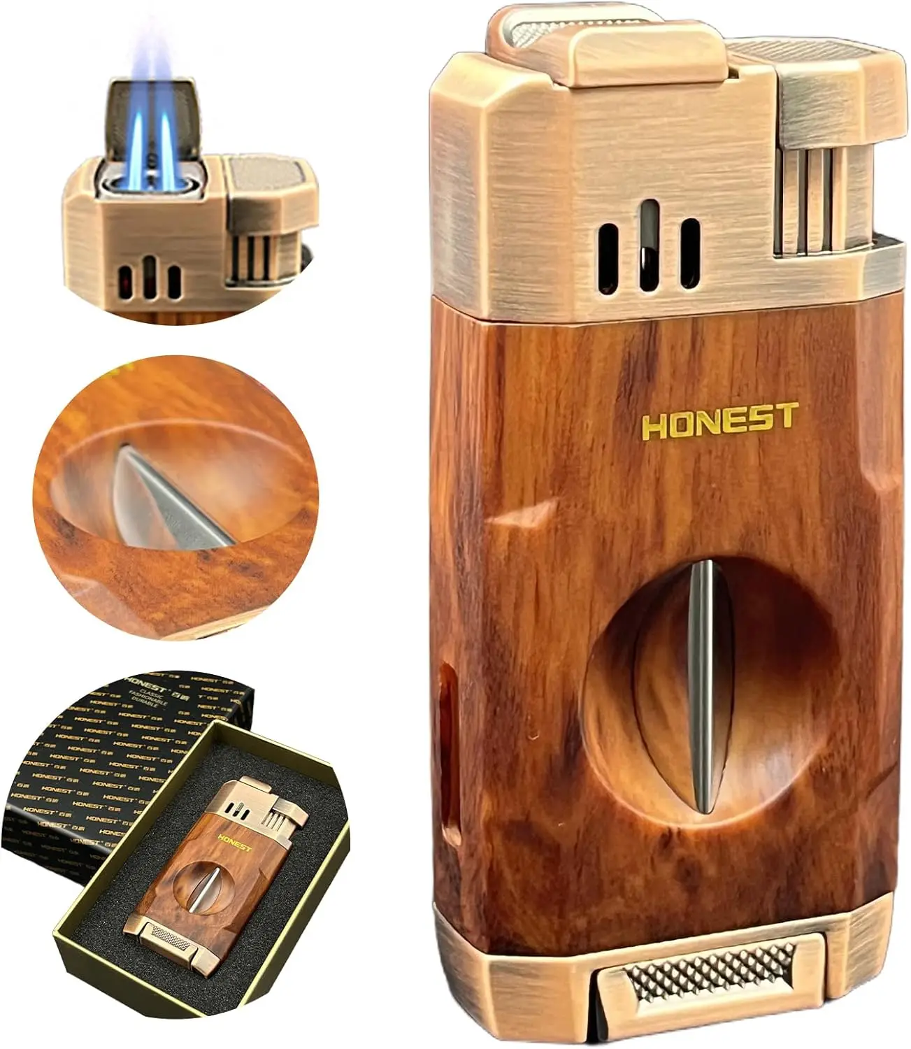 

Двухструйная ветрозащитная зажигалка с встроенным резаком, регулируемым пламенем, видимым газовым баллоном, портативная для путешествий и розжига свечей