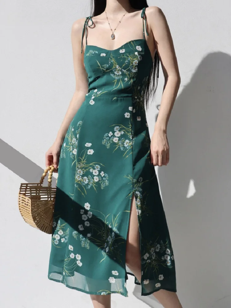 

2023 Women Lacing up Sling Chiffon Robe Party Retro French Style Green Flower Print Bandage Spaghetti Strap Hem Slit Midi Dress