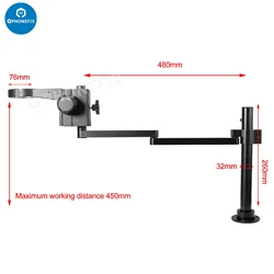 Staffa per microscopio con braccio pieghevole girevole Supporto per pilastro articolato Supporto per messa a fuoco da 50/76 mm Morsetto da tavolo Base per obiettivo per videocamera