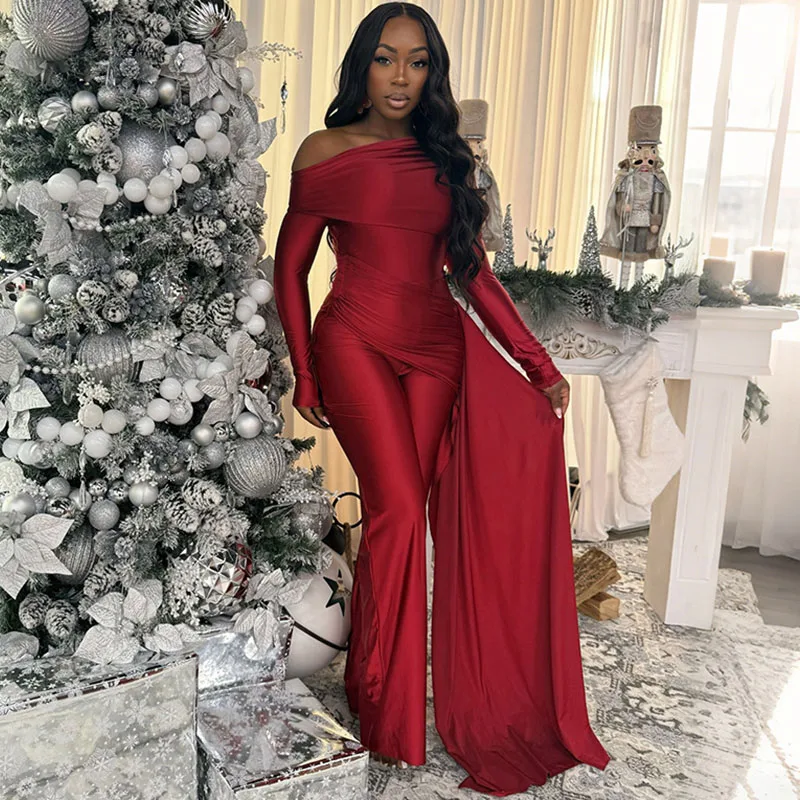 

Doyerl Elegant Club Party Outfits Woman Jumpsuits and Rompers Evening Off Shoulder Long Sleeve Ruched One Piece Overalls Ribbon