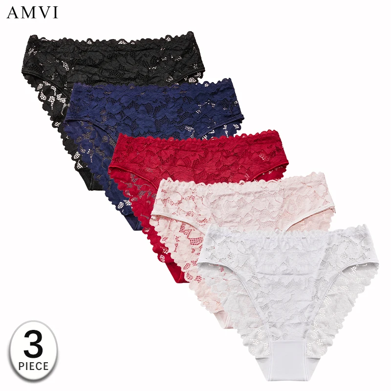 Image of 3 Stück S-4XL Damen-Slip mit sexy Spitze, 5 einfarbige, heißes, ausgehöhltes Design, weich, bequem, atmungsaktiv, ideal für den täglichen Gebrauch