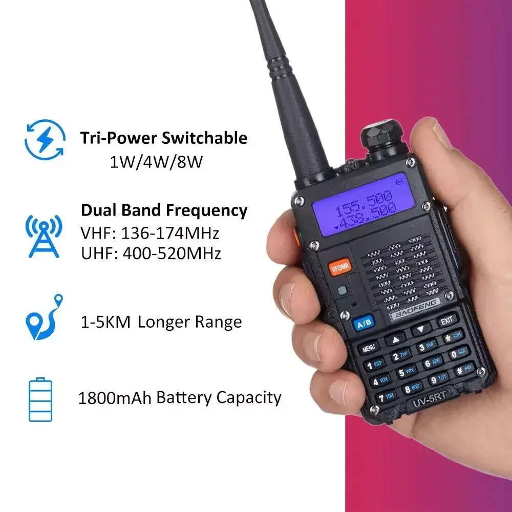 BAOFENG Official Store UV-5RT Upgrade Version Walkie Talkie 5W 1800mAh Dual Band 136-173MHz 400-519MHz Two Way Radio