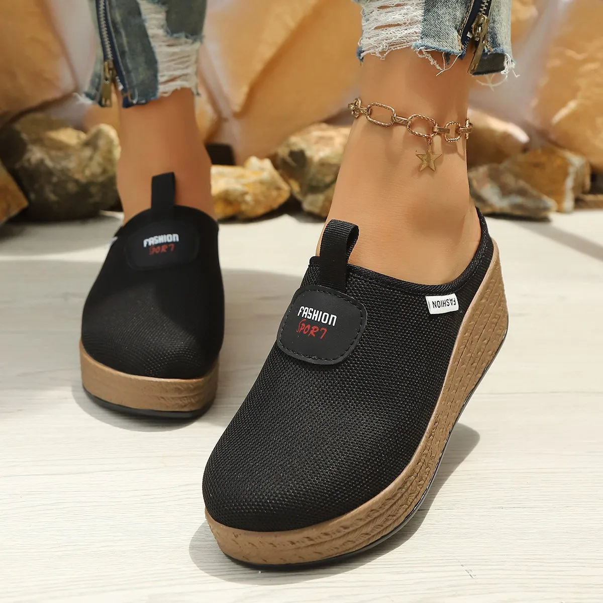 

Весенне-осенние элегантные однотонные сетчатые повседневные туфли на толстой подошве для женщин, новые модные удобные дышащие тапочки