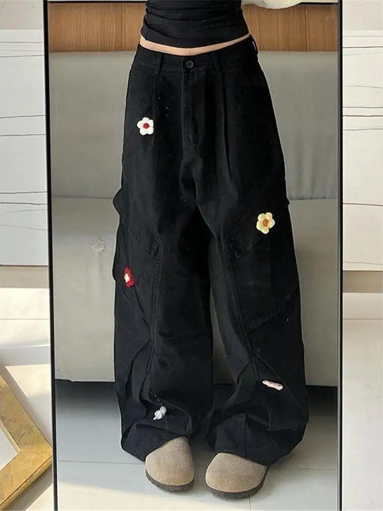 Jean de travail brodé rétro, grande taille, Design américain, ample, jambes larges, pantalon en Denim pour parachutiste, traînant le sol