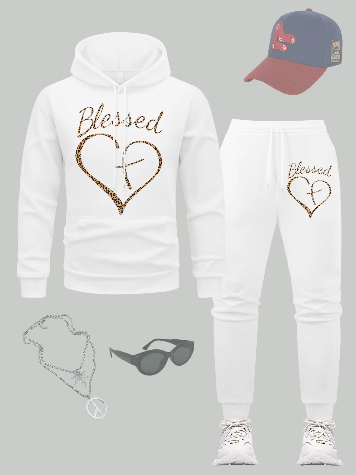 

Blessed Love Cross Printing Mens Pullover Autumn Hip Hop Hoodie Set Fleece Loose Sweatpants All-Match Pocket Sportswear Sets