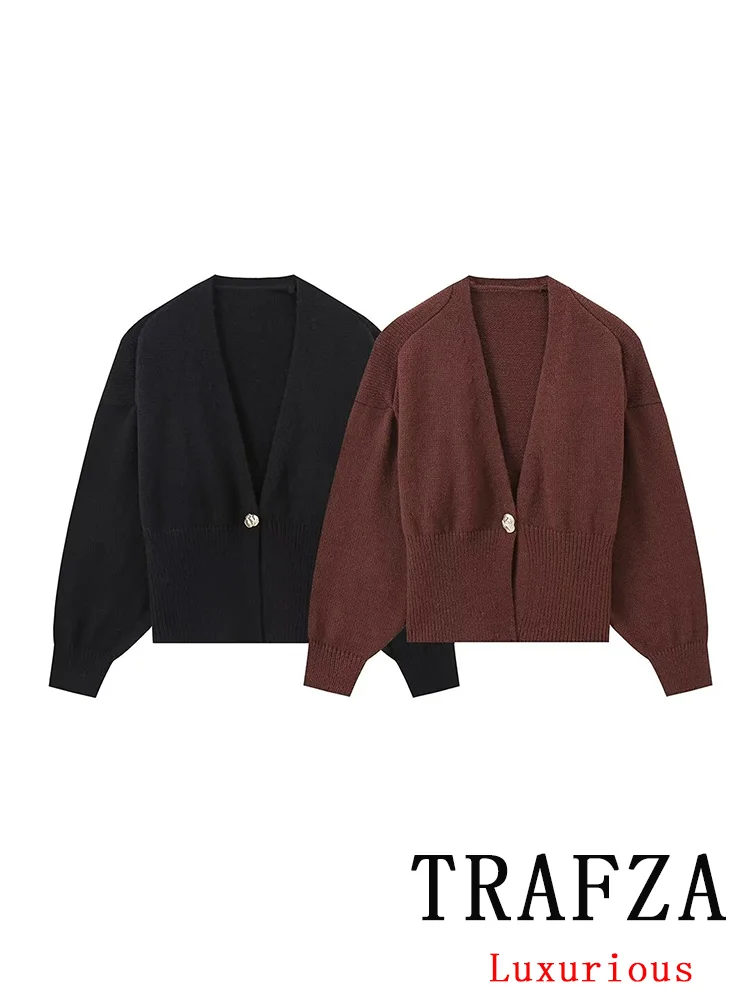 TRAFZA Vintage Casual Chic Women Sweater Solid V Neck Singe Button Long Sleeve Knitted Cardigans Fashion 2024 Autumn Sweaters