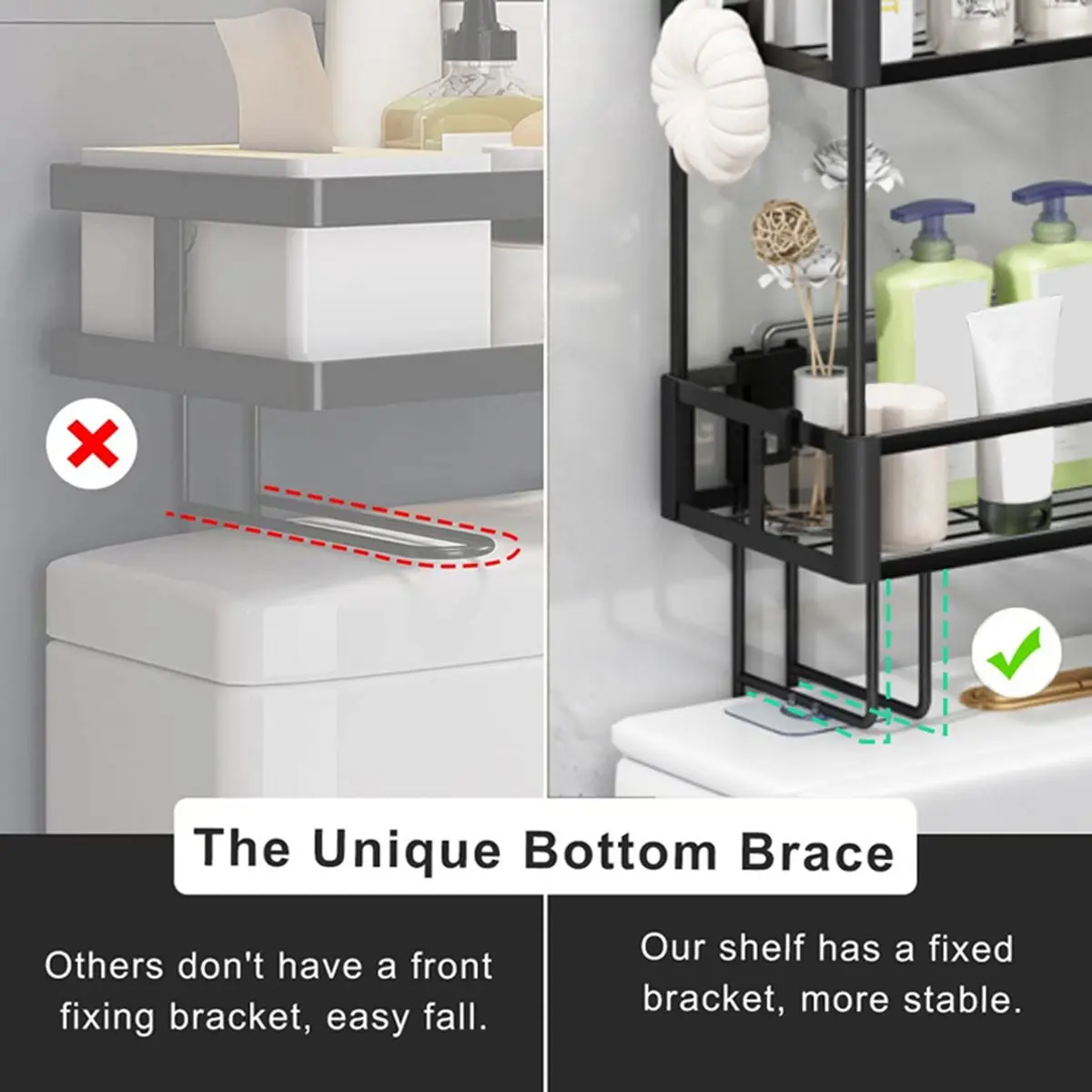 2-Tier over Toilet Storage Shelf - Wall Mounted with Hooks Paper Holder, Bathroom Space Saver Organizer for Home,Black