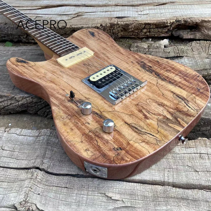 ACEPRO Left Handed Electric Guitar, Natural Color Spalted Maple, Abalone Dots Inlays, Roasted Maple Neck, Chrome Hardware