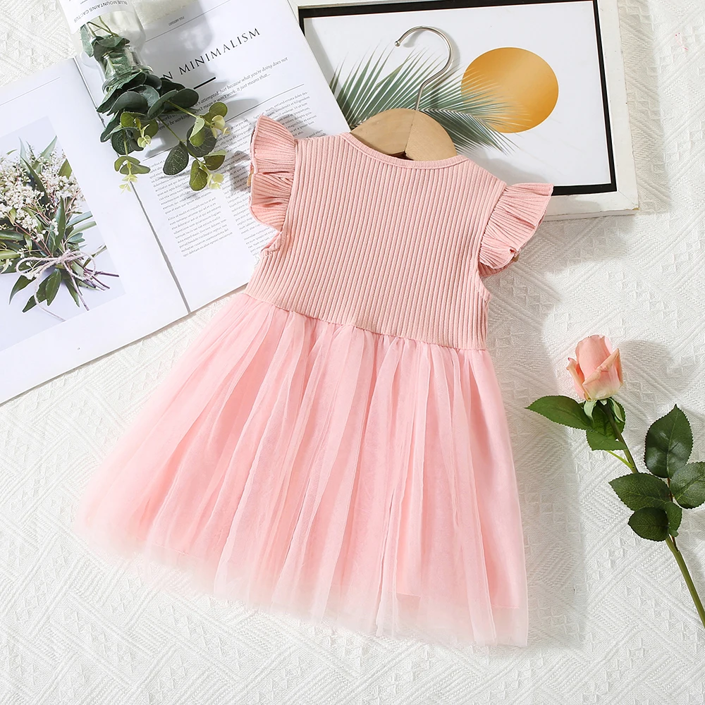 Summer 0-3-Year-Old Girl Dress Baby Girl Waist Flower Embroidery Splicing Mesh Small Flying Sleeve Princess Dress