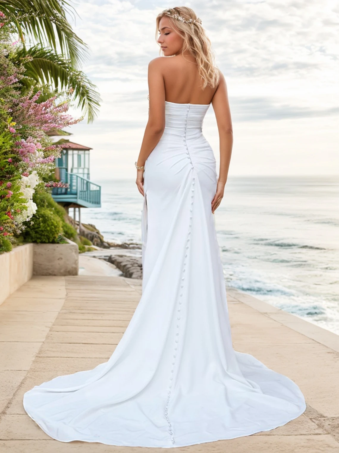 Vestido de novia Formal de tubo moderno y Sexy, vestido de novia de cola de barrido plisado con hendidura de columna de crepé elástico sin tirantes, personalizado gratis 2025