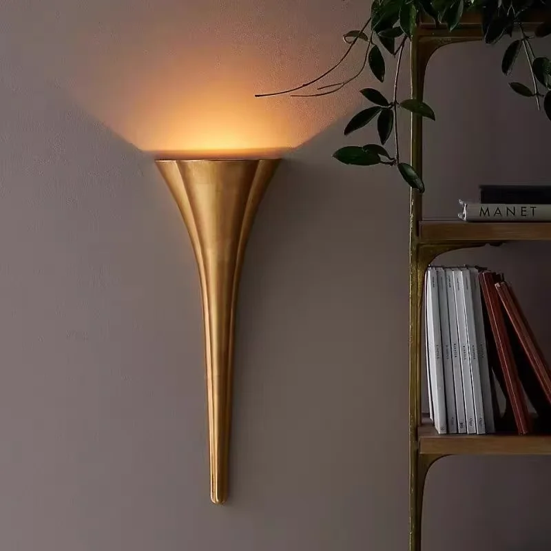 American copper art wall lamp retro brass horn wall sconce living room bedroom apartment hotel bedside decor lighting fixture
