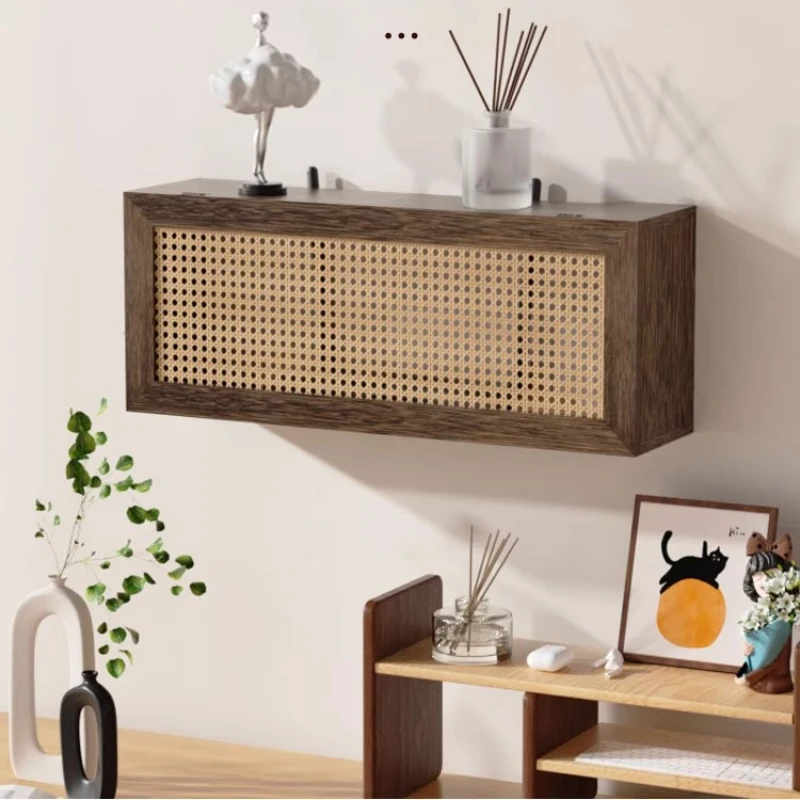 ‌Solid Wood Wall Mounted Storage Box - Rattan Style Router Organizer & Large Capacity Cable Hide Box for Creative Wall Decor