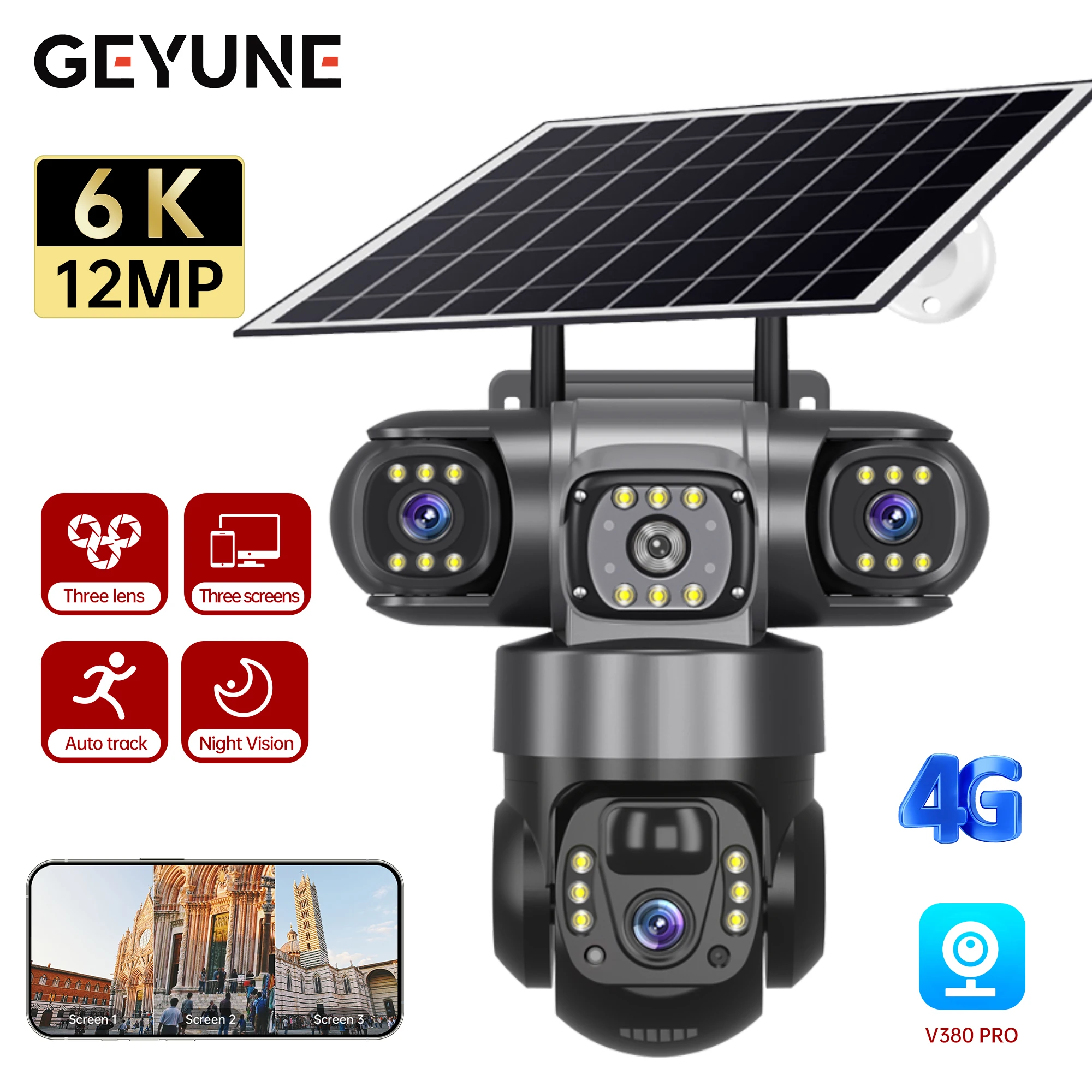 4G Solar Camera 12MP 6K  3 Lens Outdoor CCTV Waterproof Night Vision Two-Way Intercom V380 PRO Cameras Mobile Tracking IP Camera
