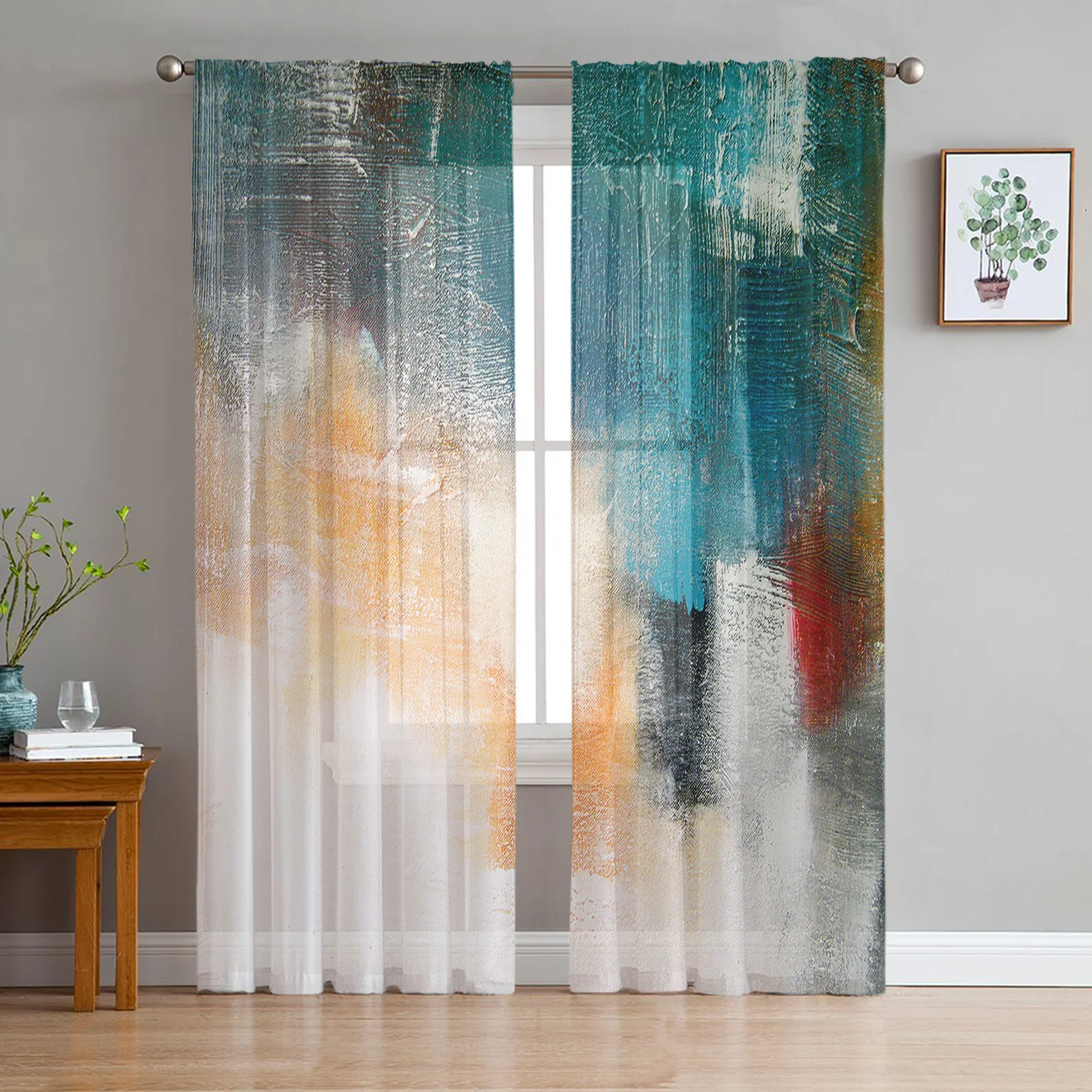 Luxury Tulle Curtains Color Painting Modern Living Room Kitchen Chiffon Curtain Youth Bedroom Sheer Floor Valance Curtain