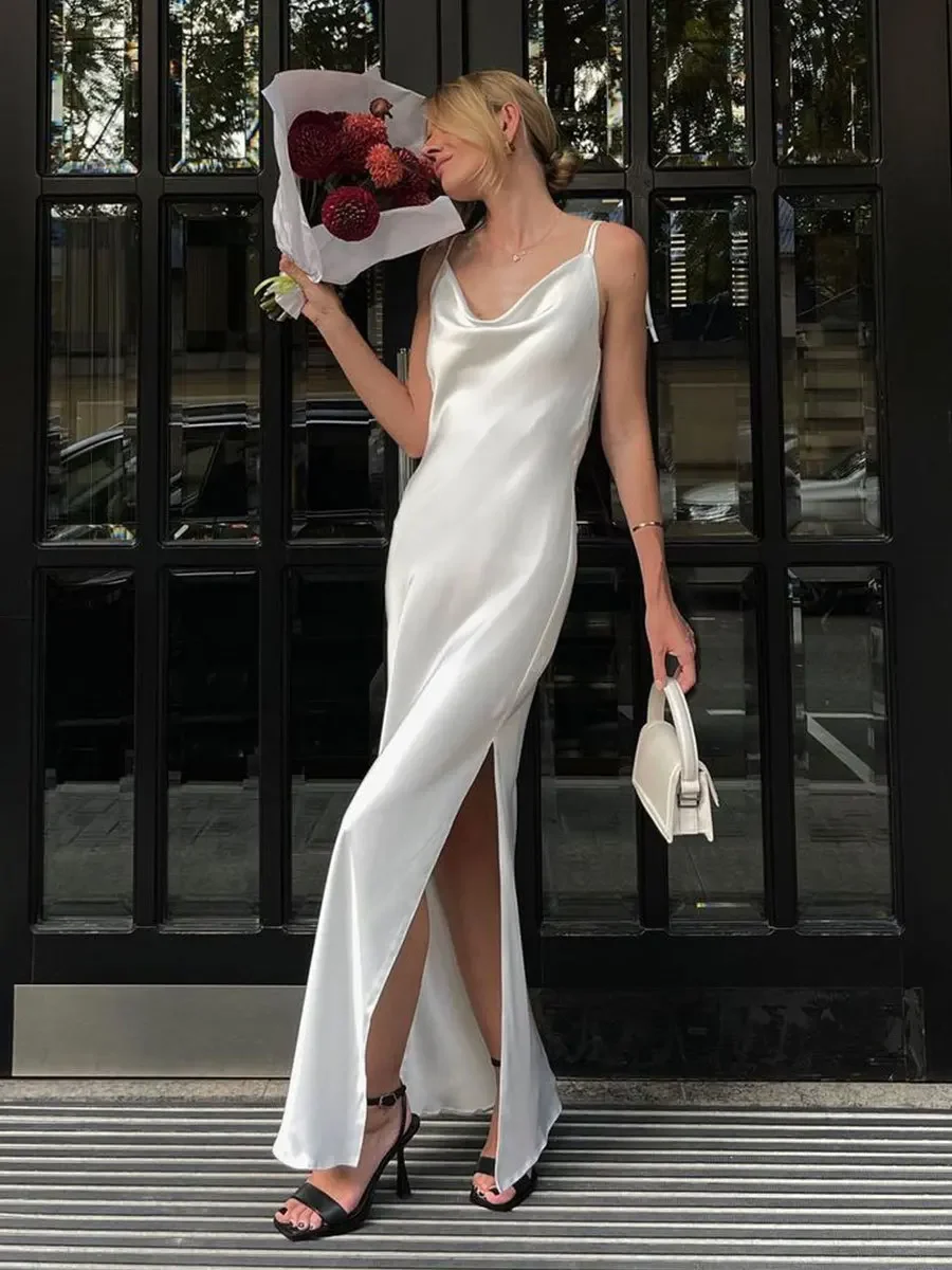 Elegant Satin Swinging Collar Split Sling Dress Solid Backless Sleeveless Slim Dresses Summer Female Night Party Robes