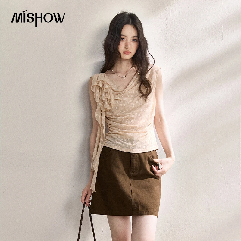 

MISHOW French Floral Lace Swing Neck Shirt For Women 2026 Summer New Pleated 3D Floral Ribbon Hazy Elegant Slim Top MXF24X2617