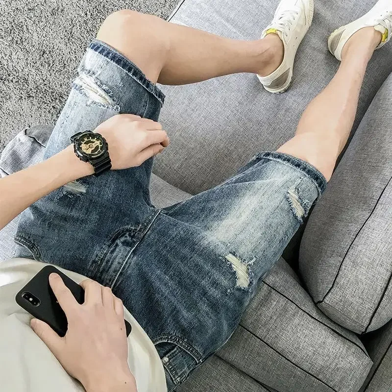

Short Jeans Pants for Men Ripped Half Bermuda with Pockets Long Man Denim Shorts Xxxl Rude Luxury Retro Original Y2k Fashion Cut
