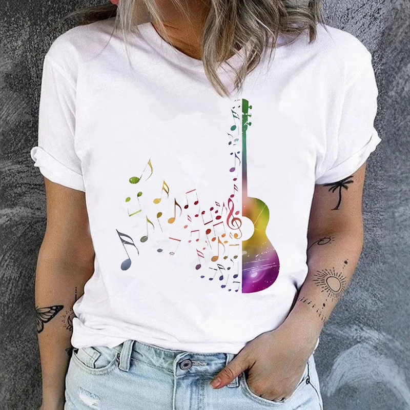 

Personality European American Ink Painting Ballerina Printed Women's Round Neck White Short-sleeved T-shirt Summer polyester