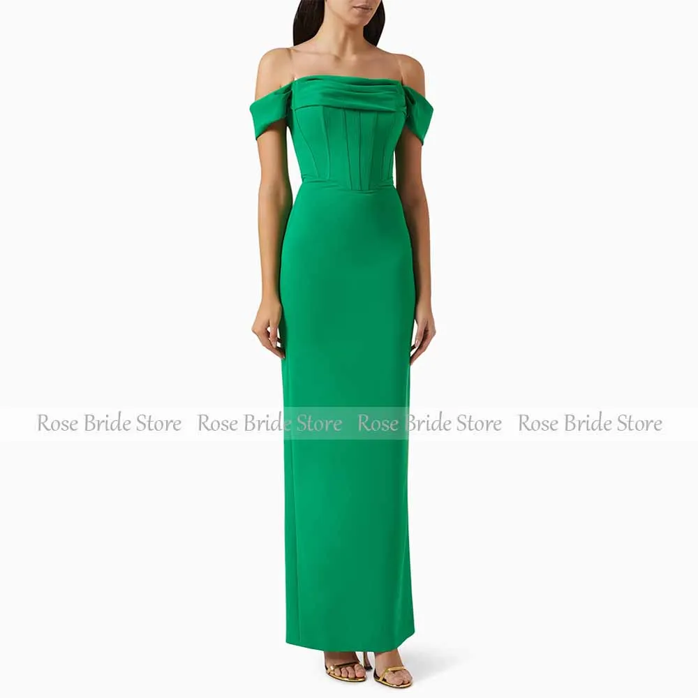 Green Maxi Evening Dresses for Women Off the Shoulder Sheath/Column  Gowns Long Transparent Spaghetti Straps Prom Dress