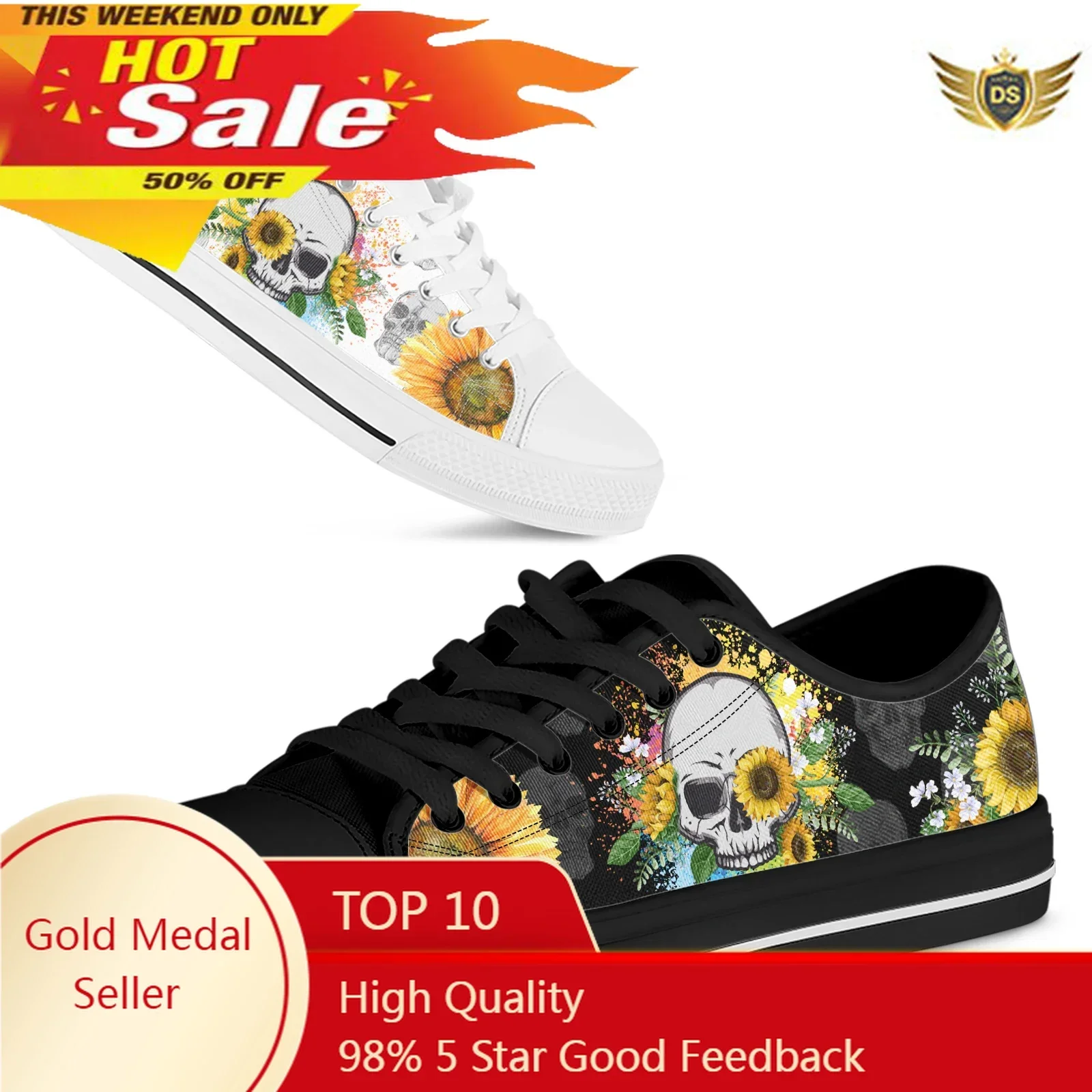 

2023 Sunflower Skull Print Low-Top Canvas Shoes Women's Shoes Retro Girls Floral Sneakers Luxury Vulcanized Shoes Women