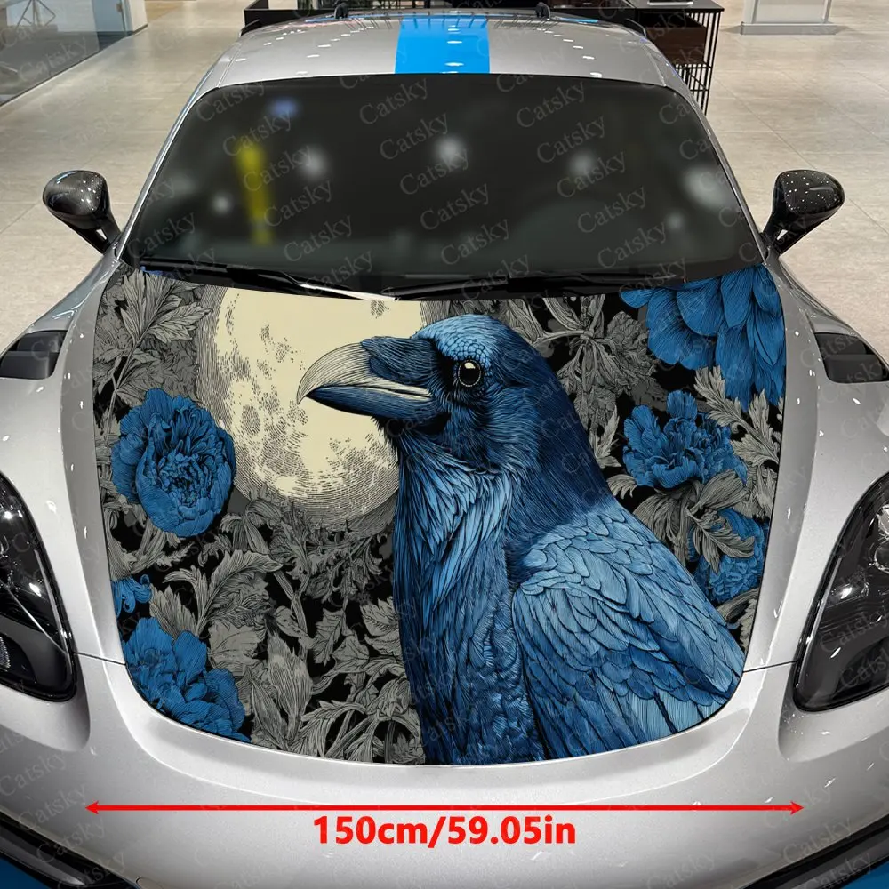 Car Decal Blue Raven with Moon & Florals - Mysterious Nocturnal-Dark Fantasy Car Hood Sticker, Waterproof Self - Adhesive PVC Gr