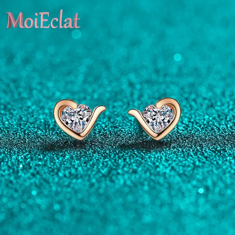 Heart-shaped Stud Earrings for Women with Total 0.6ct Moissanite, Champagne Gold 18K Exquisite Ear Studs Wedding Fine Jewelry