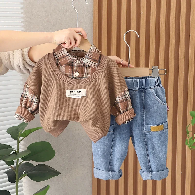 

Spring Autumn Clothes for Kids Korean Style Patckwork Turn-down Collar Long Sleeve T-shirts and Pants Boys Outifts Childrens Set